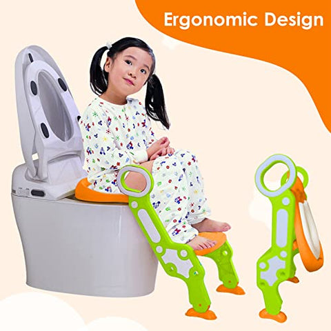 Sunbaby Foldable Potty-Trainer Seat for Toilet Potty Stand with Ladder Step Up Training Stool with Non-Slip Steps Ladder Adjustable Foldable for Boys Girls Toddlers Kid (Yellow)