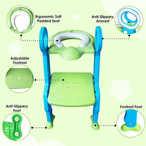 Sunbaby Foldable Potty-Trainer Seat for Toilet Potty Stand with Ladder Step Up Training Stool with Non-Slip Steps Ladder Adjustable Foldable for Boys Girls Toddlers Kid (Green)