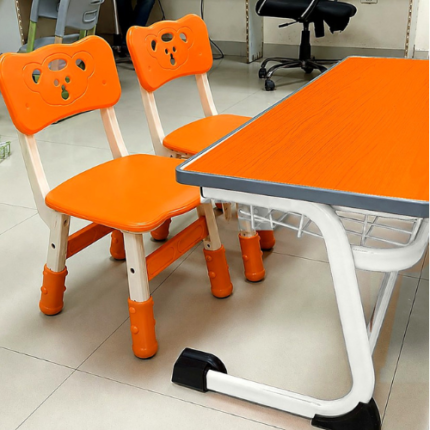 Height Adjustable Dual Desk Seater - Orange Top, White Frame