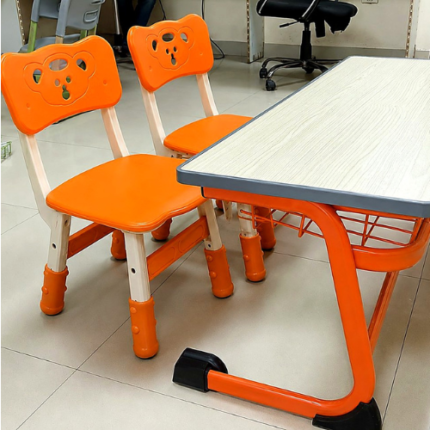 Height Adjustable Dual Desk Seater - White Top, Orange Frame